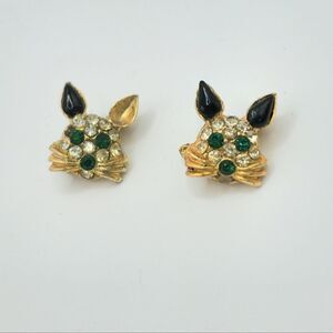 Set of Vintage Gold rhinestone kitty cat head brooches